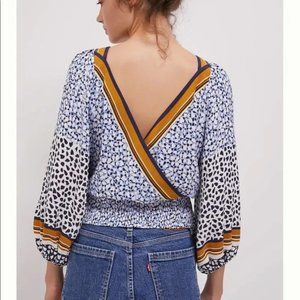 Maeve Anthropologie deep V back Philippa top mixed prints waist tie square neck